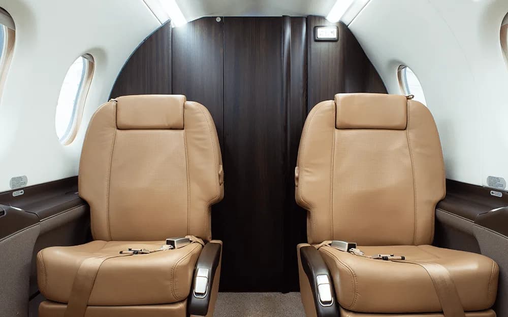 Two tan leather aircraft seats with seatbelts fastened, facing a dark wood panel wall in the cabin.