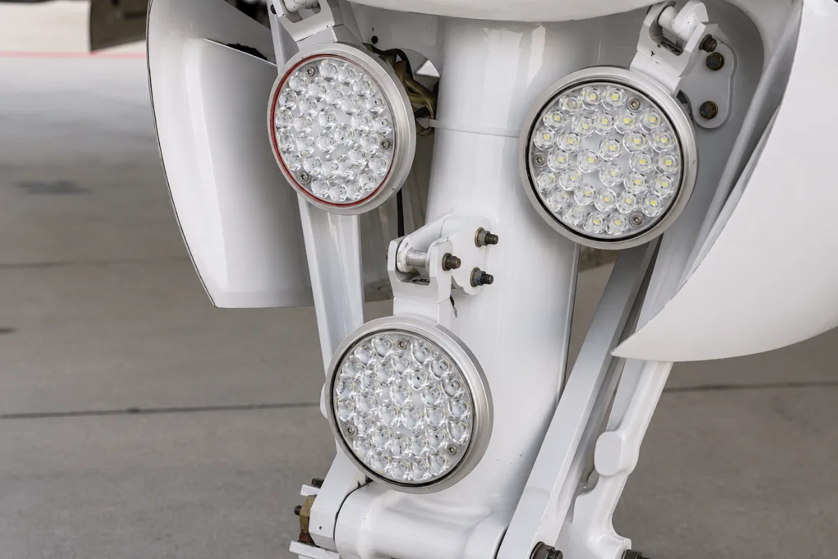 A close-up view of three circular LED landing lights on the aircraft's nose landing gear.