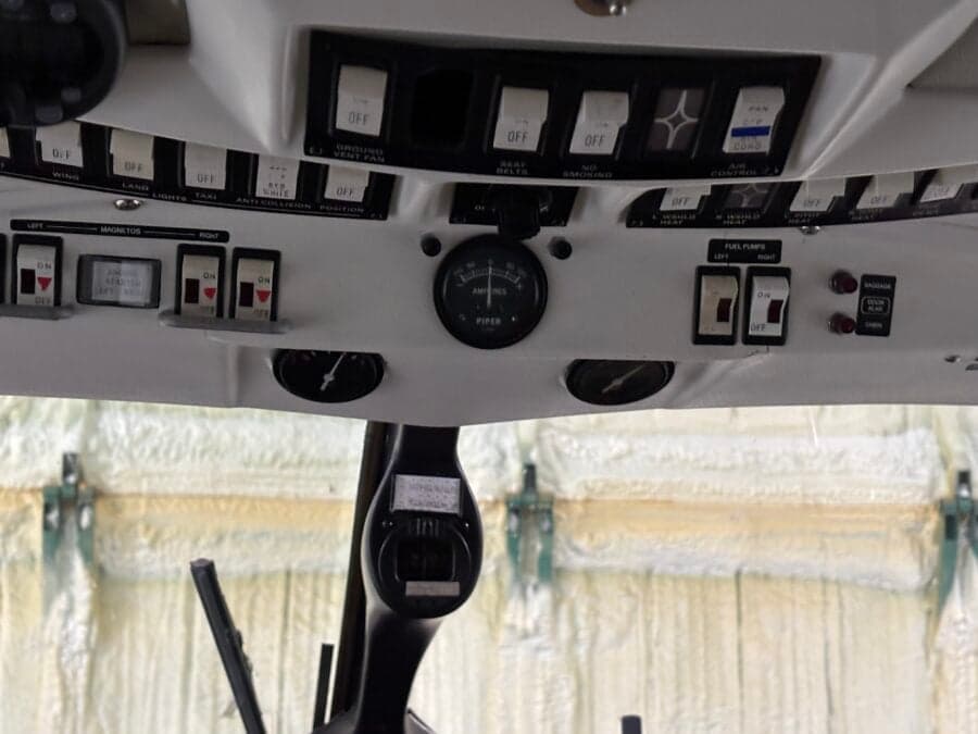 Close up of the overhead switch panel in the cockpit.