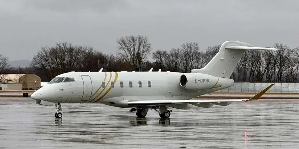 Side view of a white Challenger 300 aircraft with gold accents on the tarmac.