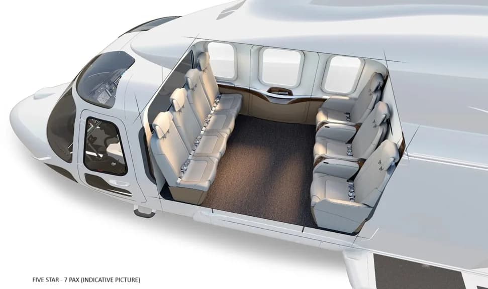 Helicopter interior with seven passenger seats.