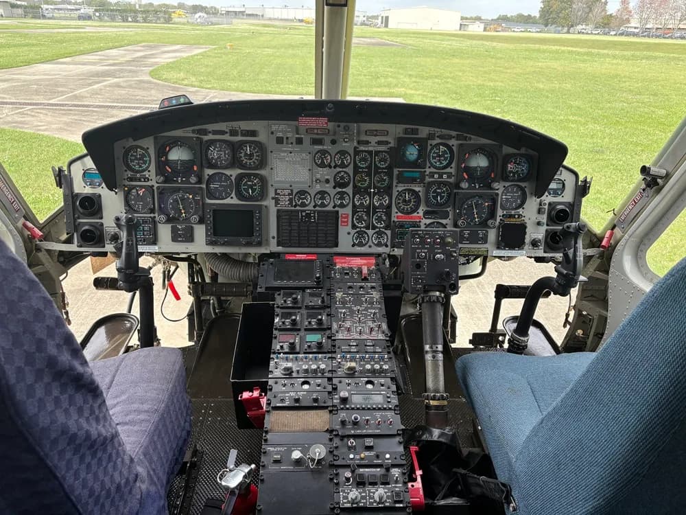 View of the helicopter cockpit instrument panel.