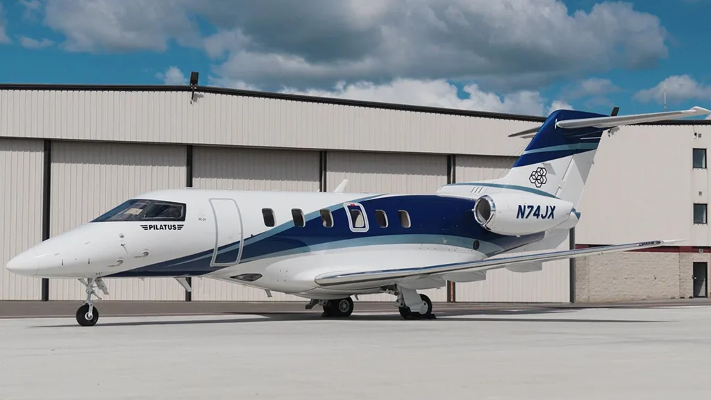 A Pilatus PC-24 business jet, registration N74JX, parked on an airfield in front of a hangar.