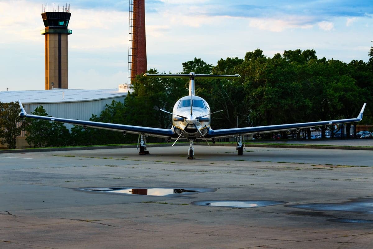 Front view of N60WP Pilatus PC-12 parked on the tarmac.
