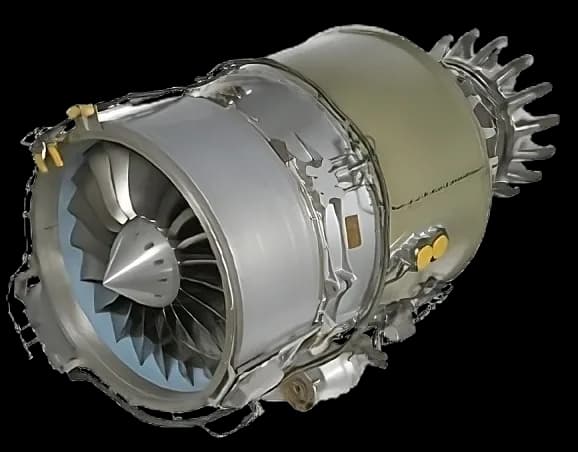A detailed view of a modern turbofan jet engine with its fan blades visible.