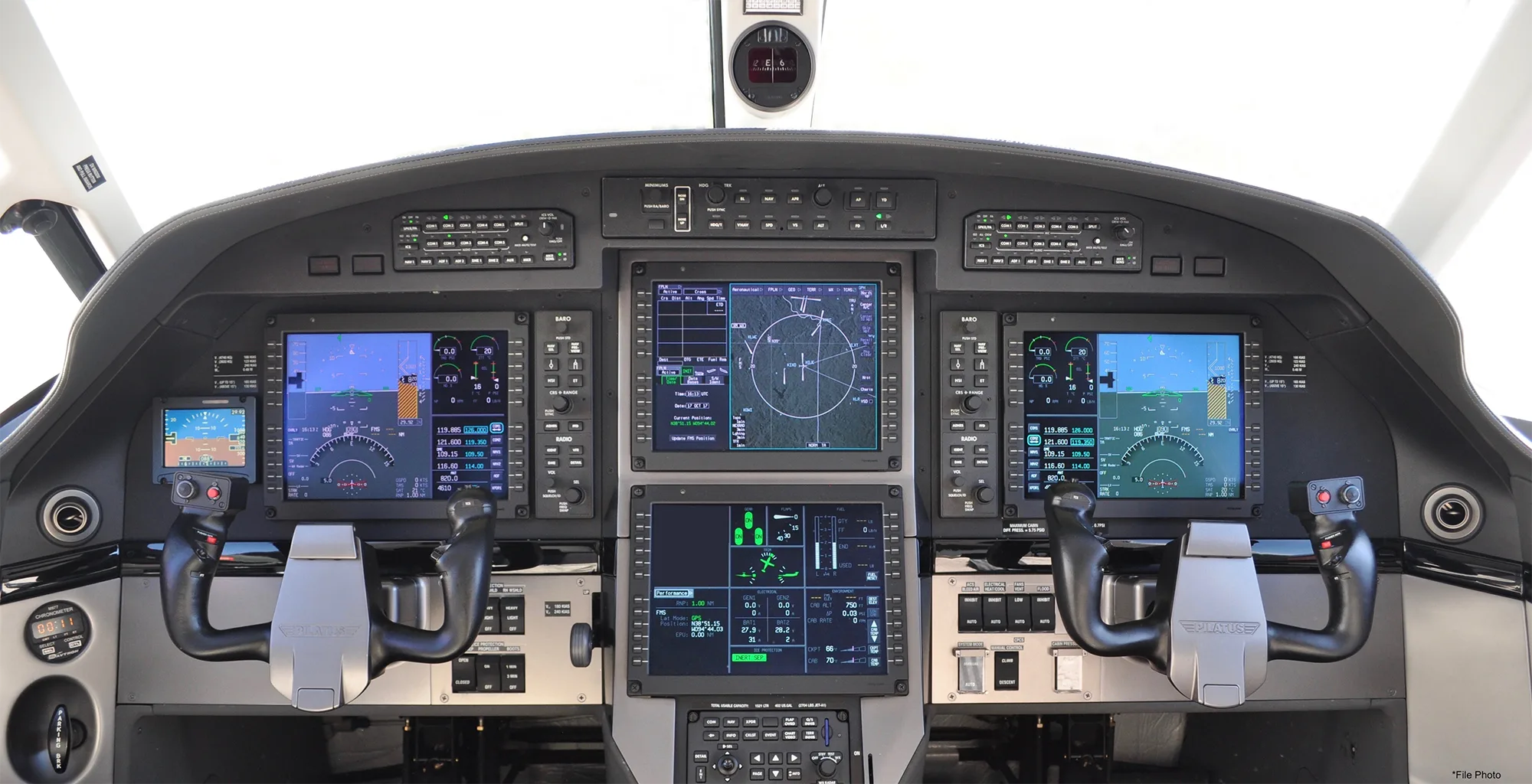 The modern glass cockpit of a Pilatus PC-12 aircraft, featuring multiple digital displays and control yokes.