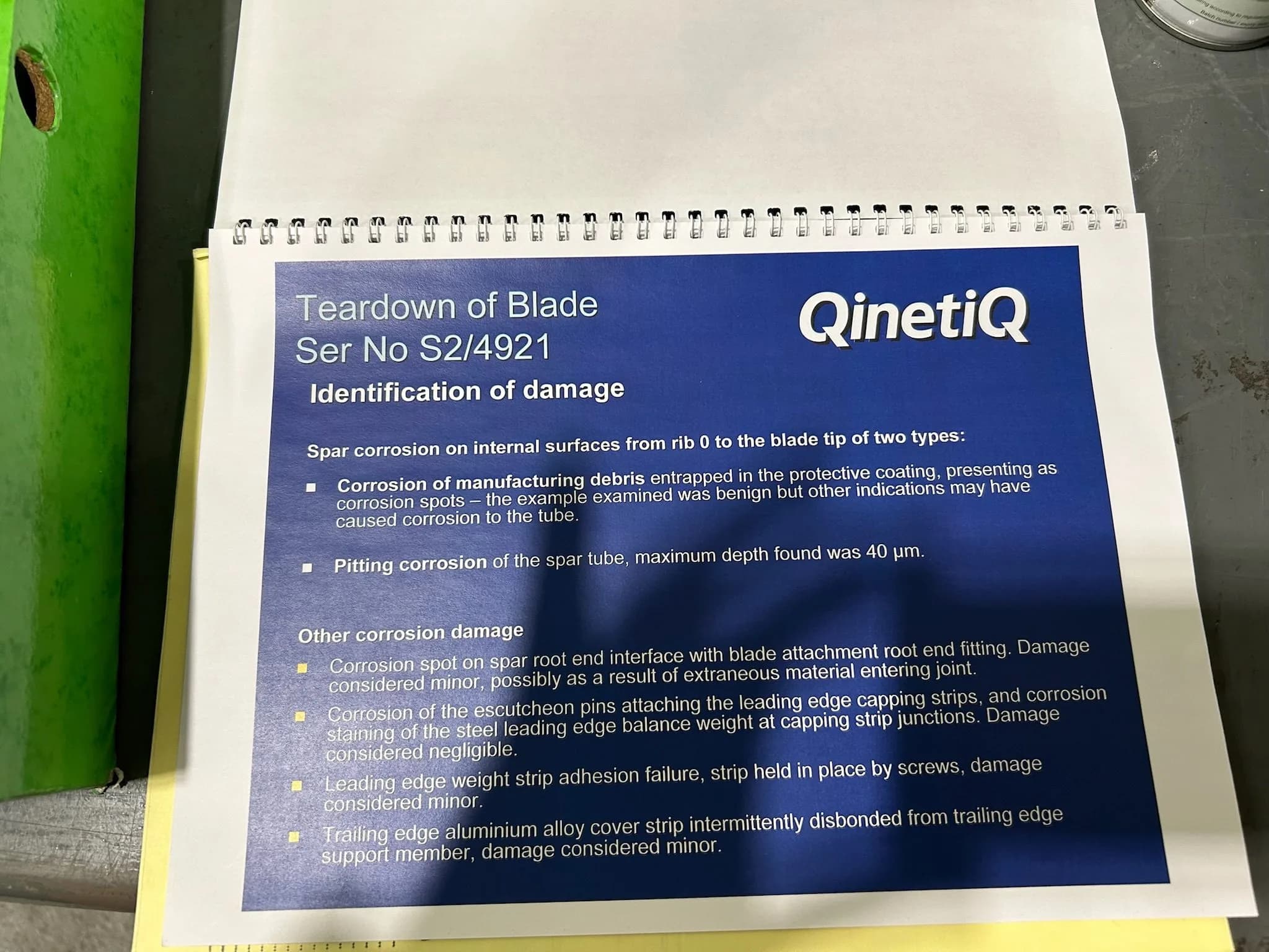 QinetiQ document with teardown of blade and identification of damage.