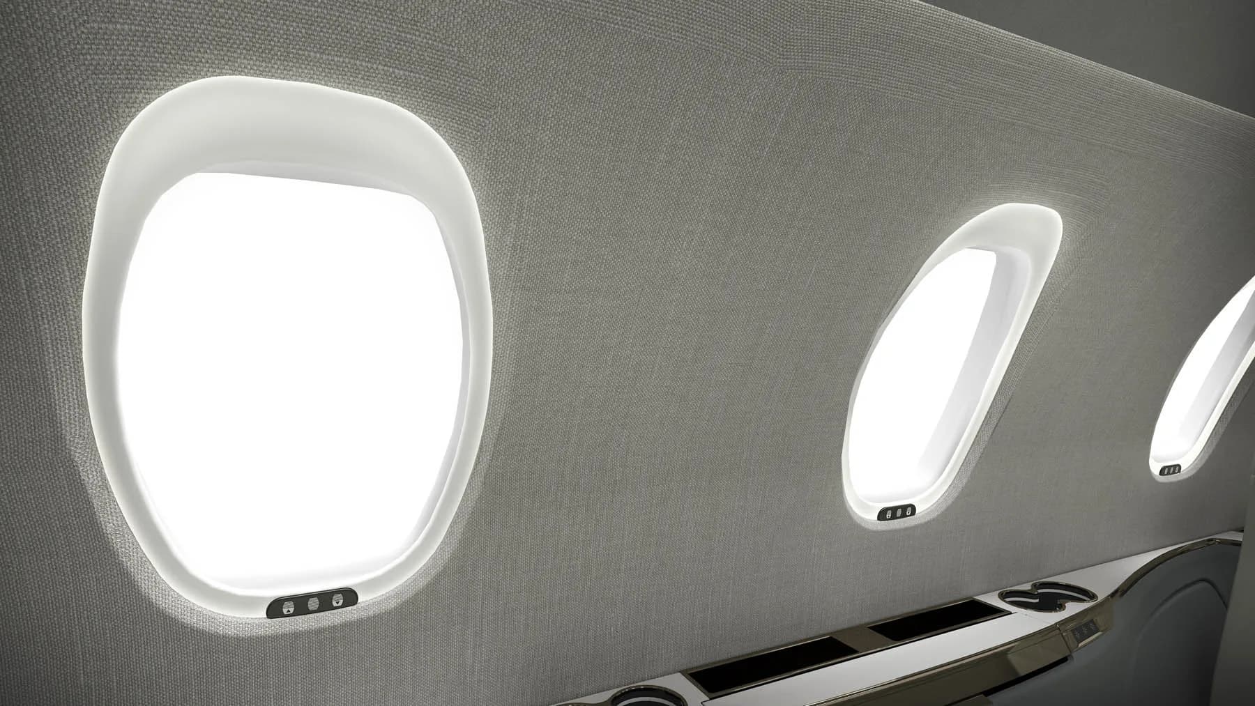Close-up of the aircraft's windows and side panel with cup holders.