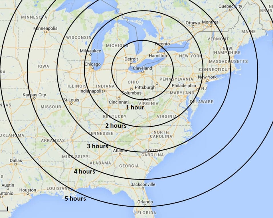 A map shows the range of the aircraft in hours from a central location.