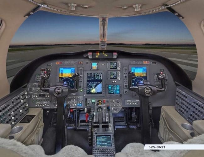 The cockpit of the Citation Jet CJ1+ features a full instrument panel and controls.