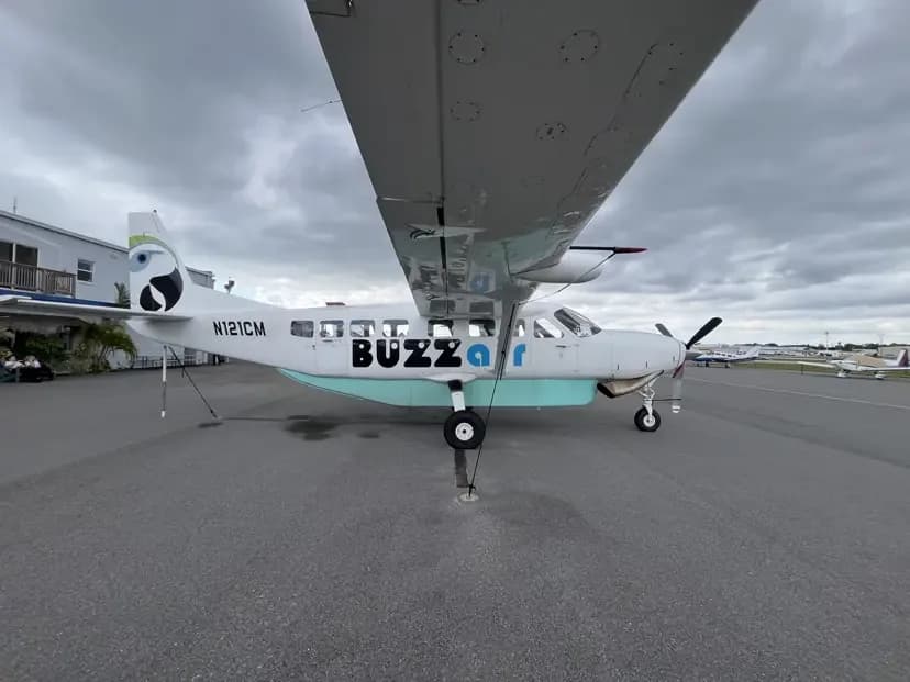 A white and light blue Cessna Caravan N121CM with 'BUZZair' branding and a bird logo on the tail, parked on an airport tarmac under a cloudy sky.