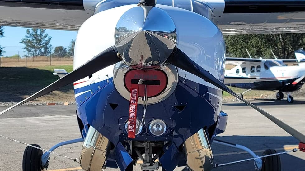 Close up of the propeller and front of the N4994K aircraft.