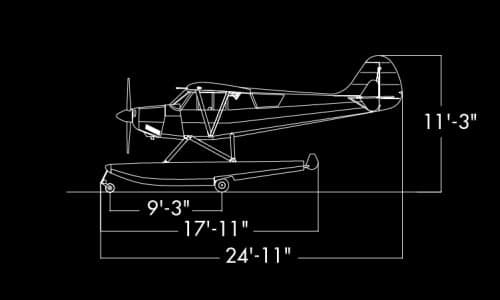 Side view diagram of an aircraft with dimensions.