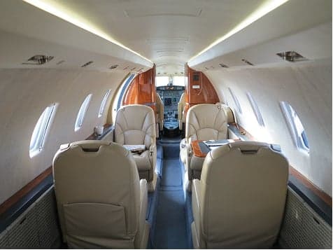 A view of the Citation CJ3 cabin interior with leather seats.