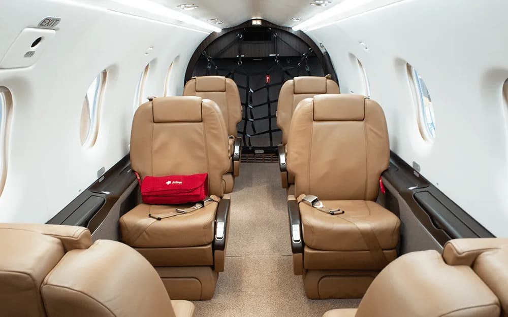The aircraft cabin interior shows tan leather seats, with a red bag on one seat, and a cargo net visible in the rear compartment.