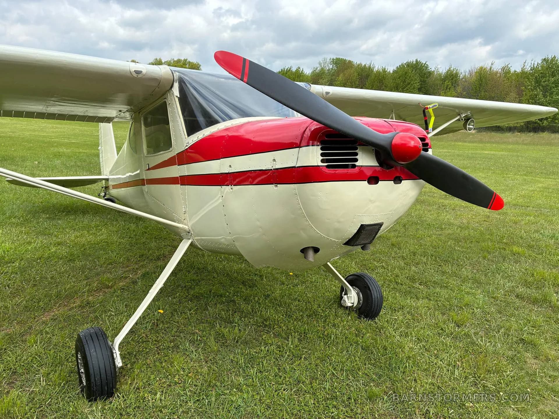 A close-up front view of the white and red single-engine aircraft, showing its propeller and nose on a grassy field.