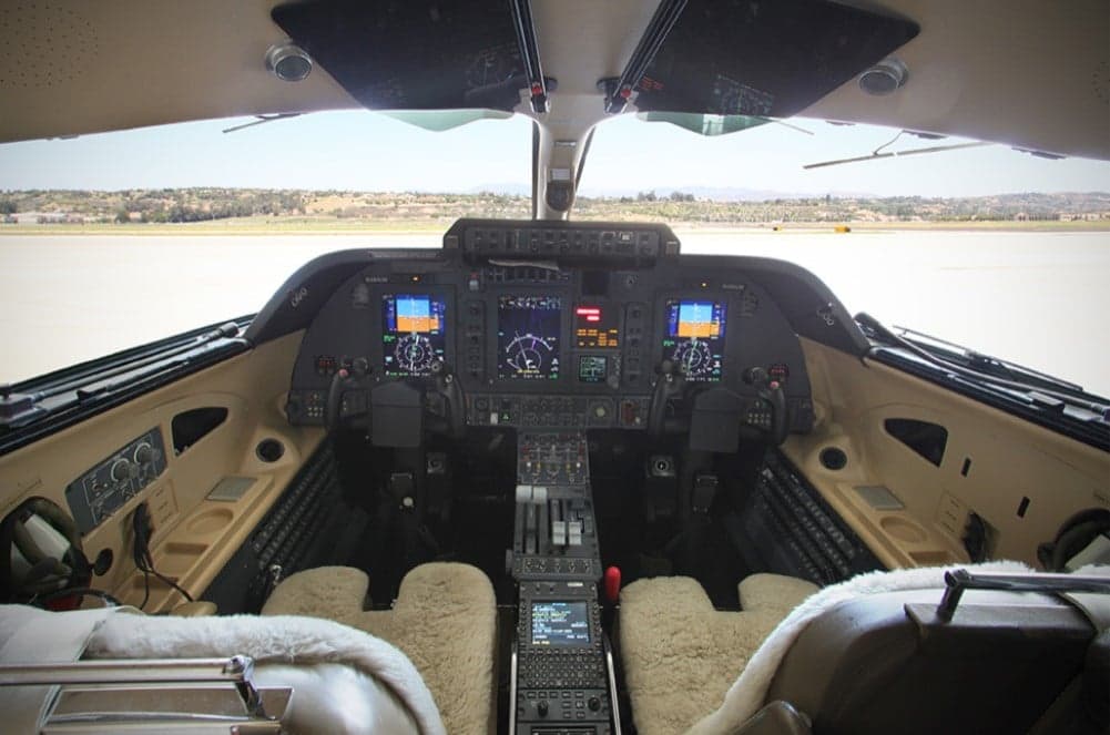 The cockpit of the Piaggio Avanti EVO with full instrumentation.