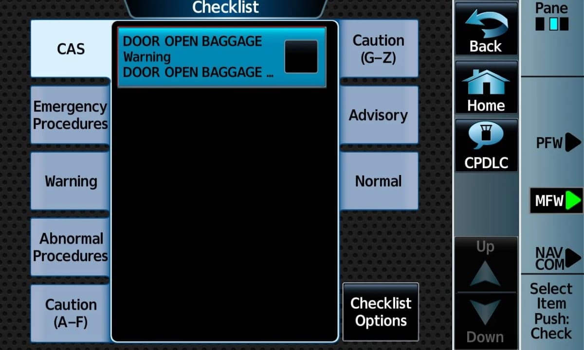 A Cirrus Perspective Touch display shows the checklist menu.