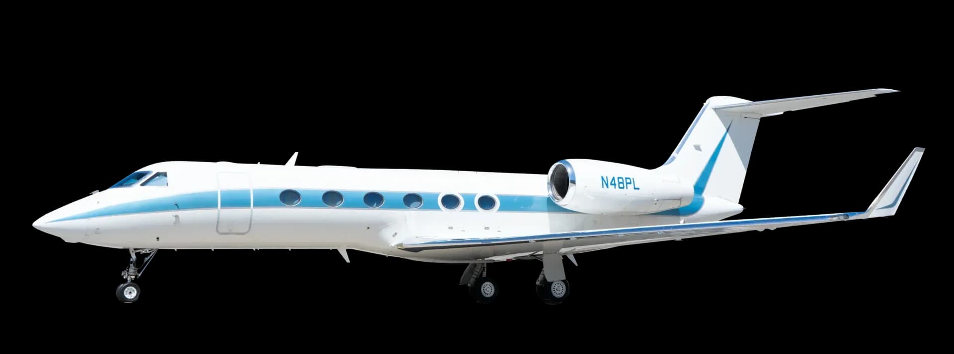A white Gulfstream G450 business jet with blue accent stripes and registration N48PL on a black background.