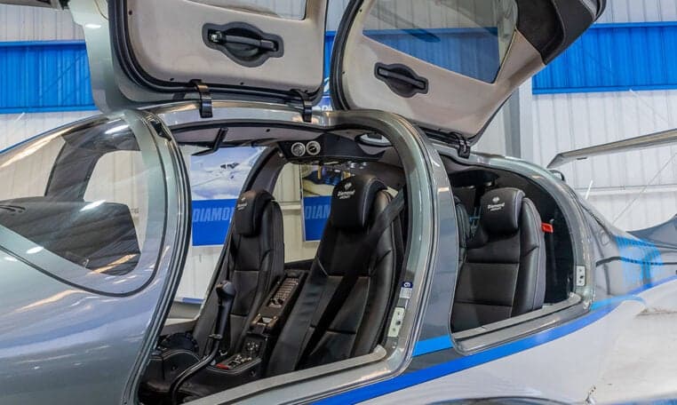 Interior view of the Diamond DA62's cockpit and seats.