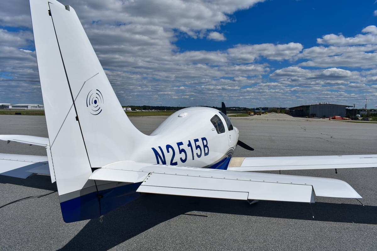 Columbia 400 aircraft N2515B on the ramp, front view.