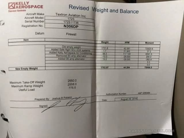 A 'Revised Weight and Balance' document for a Textron Aviation Inc. 172S aircraft, showing weight calculations and specifications.