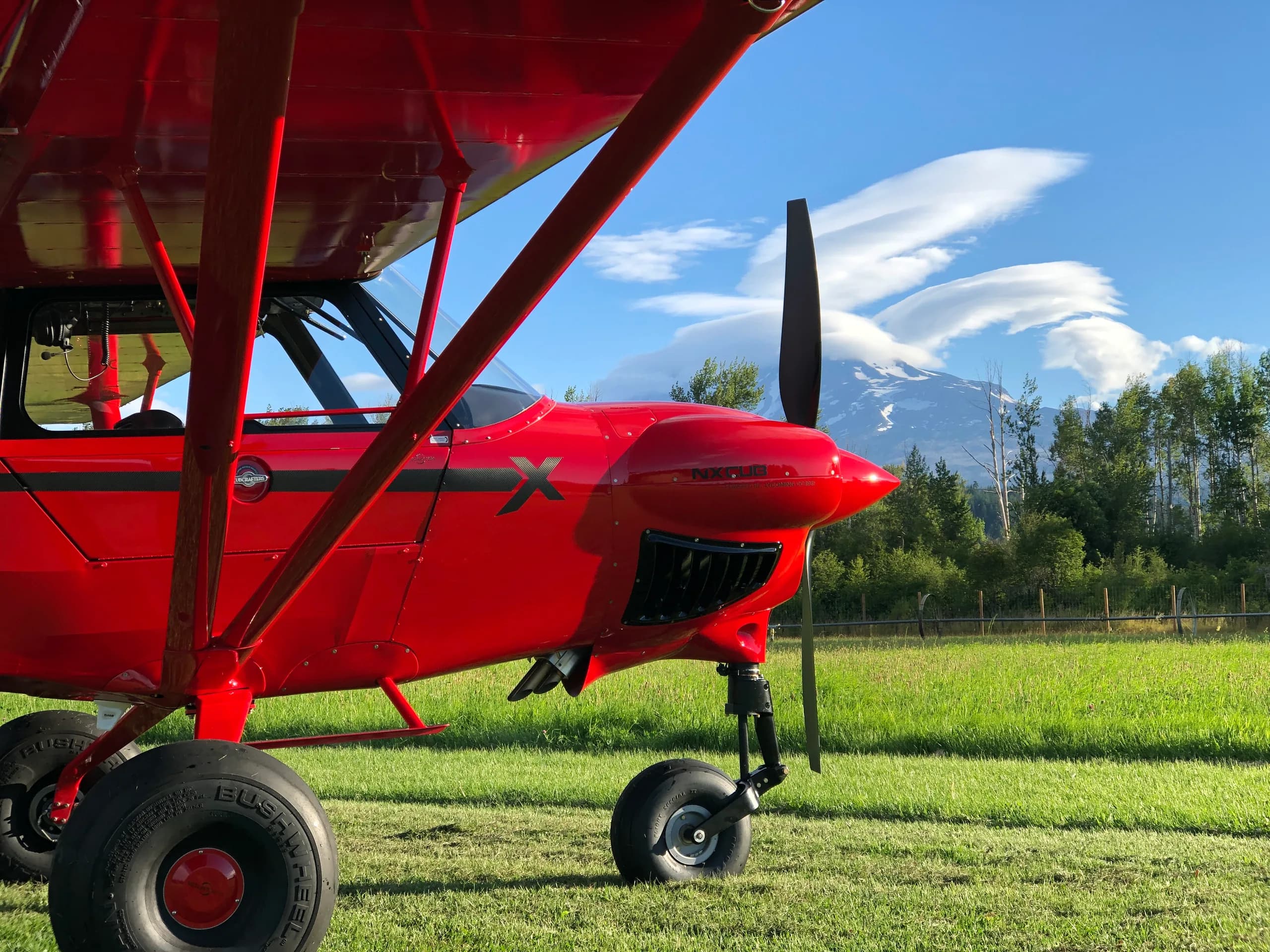 Close-up of a red CubCrafters XCub on a grassy field with a mountain in the background.