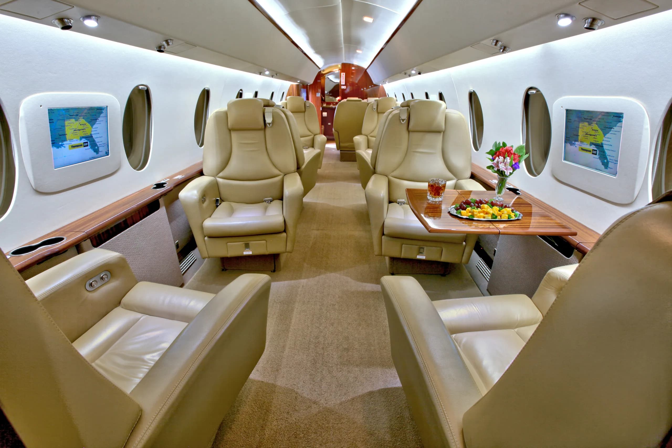 Wide view of the aircraft's interior cabin with leather seats and entertainment screens.
