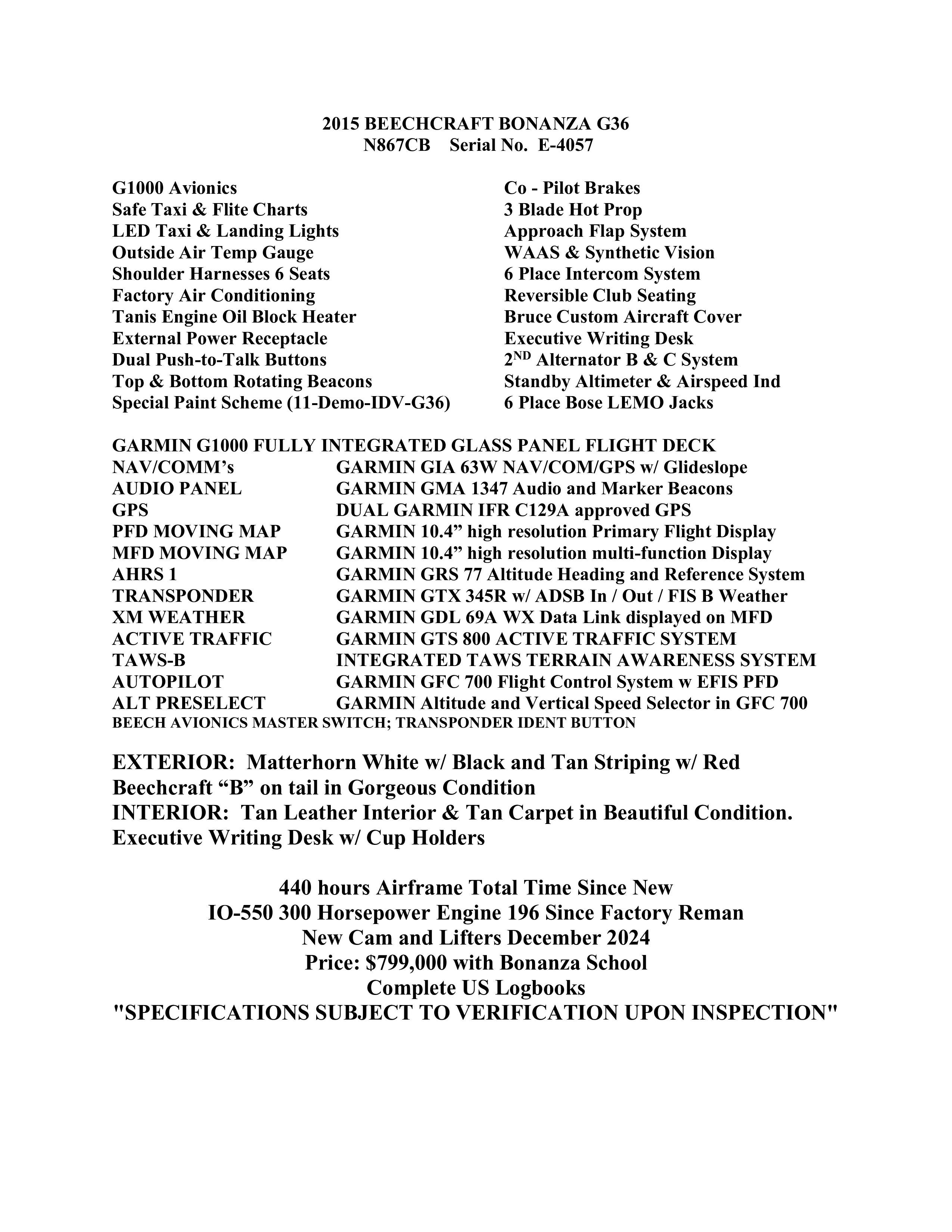 Aircraft specifications and avionics list.