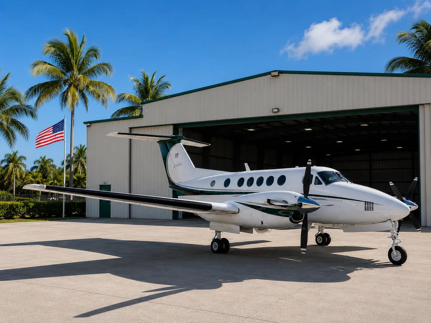 A white and green twin-turboprop aircraft (King Air) parked on a tarmac in front of a hangar with palm trees and an American flag under a blue sky.