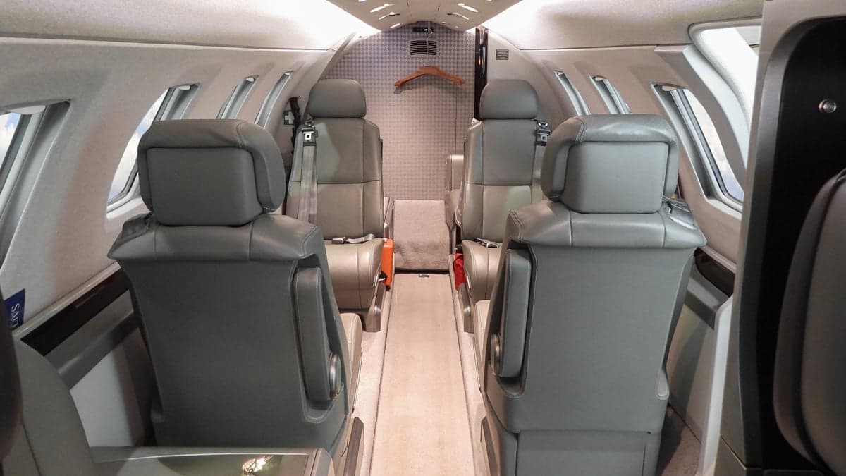 View of the cabin seats in a Cessna Citation CJ3.