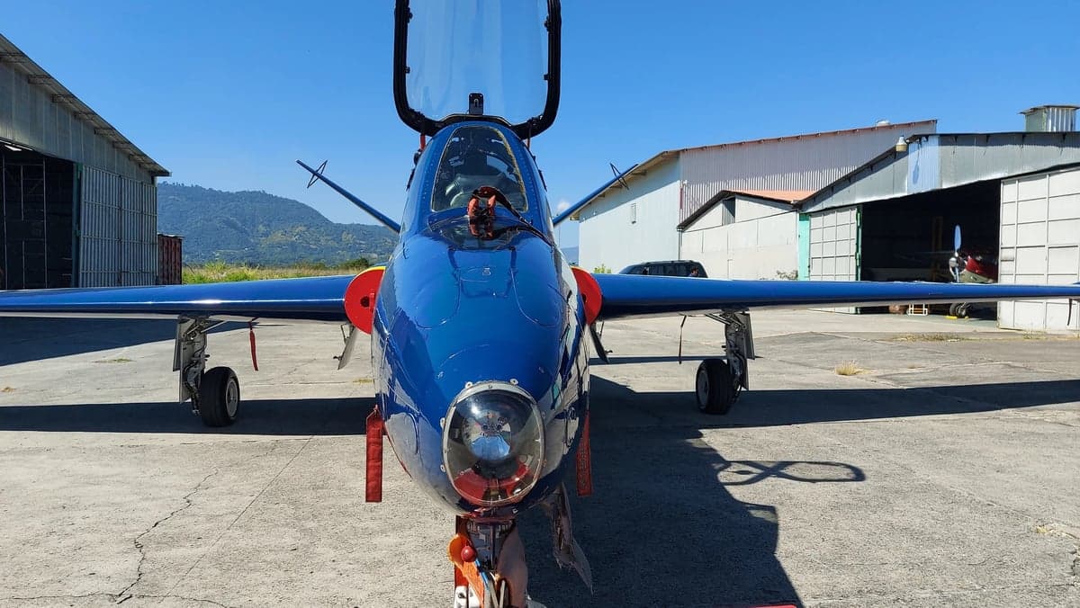 Front view of a blue SIAI-Marchetti S.211 jet on the ground.