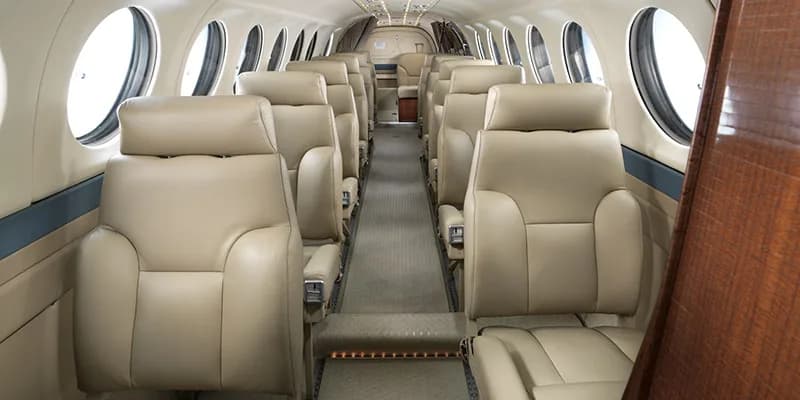 Spacious cabin of the King Air 350 with comfortable seating.