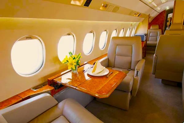 The interior of the aircraft features leather seats and wood accents.