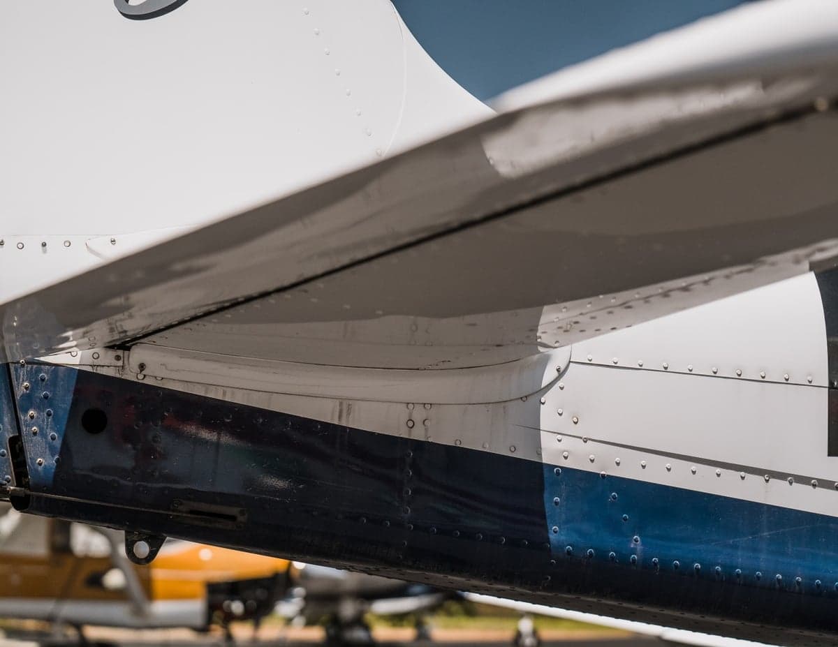 Close up of the wing and fuselage of the Sling LSA aircraft.