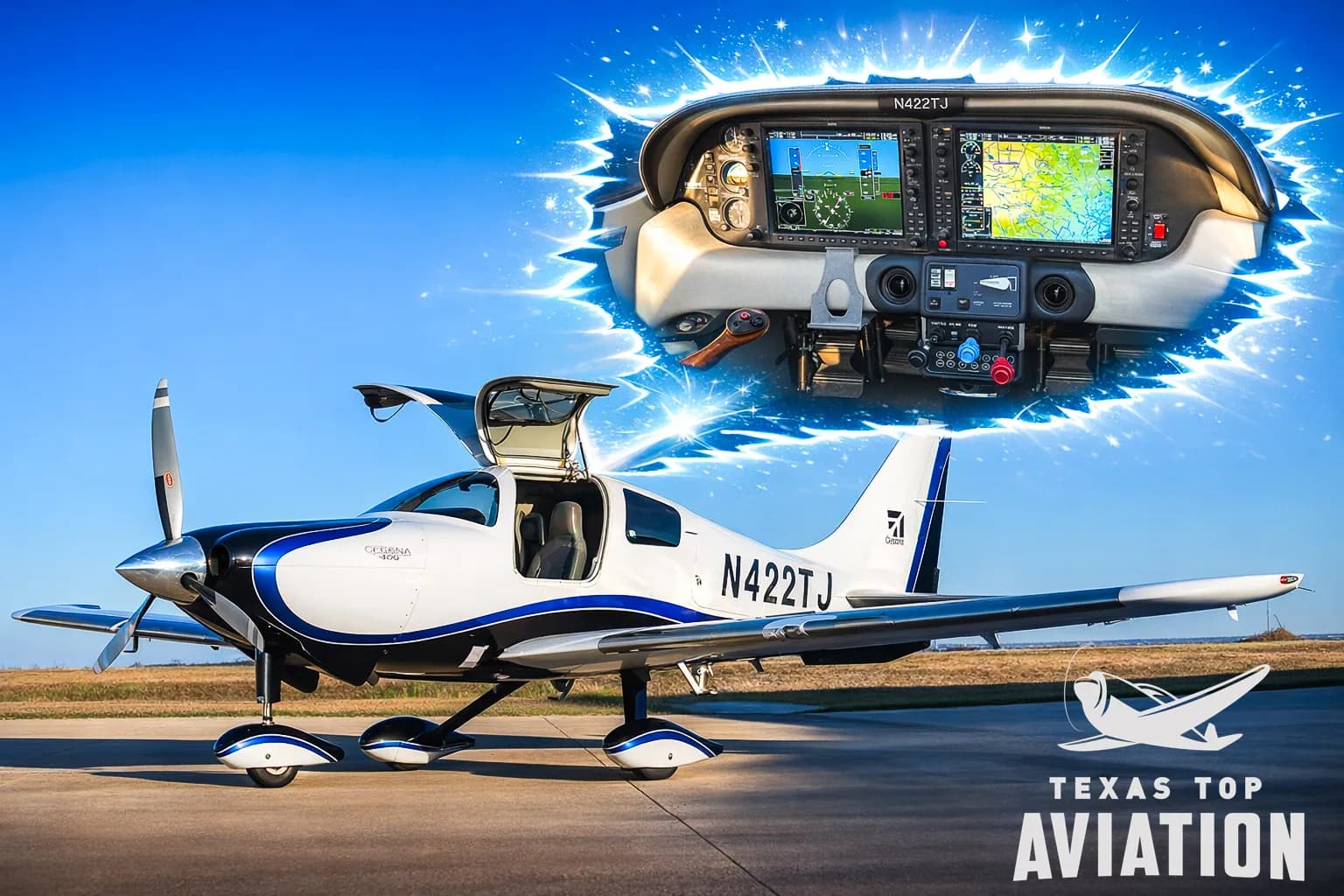 A Cirrus SR22T with an open door is parked on the tarmac, with a cockpit display superimposed above.