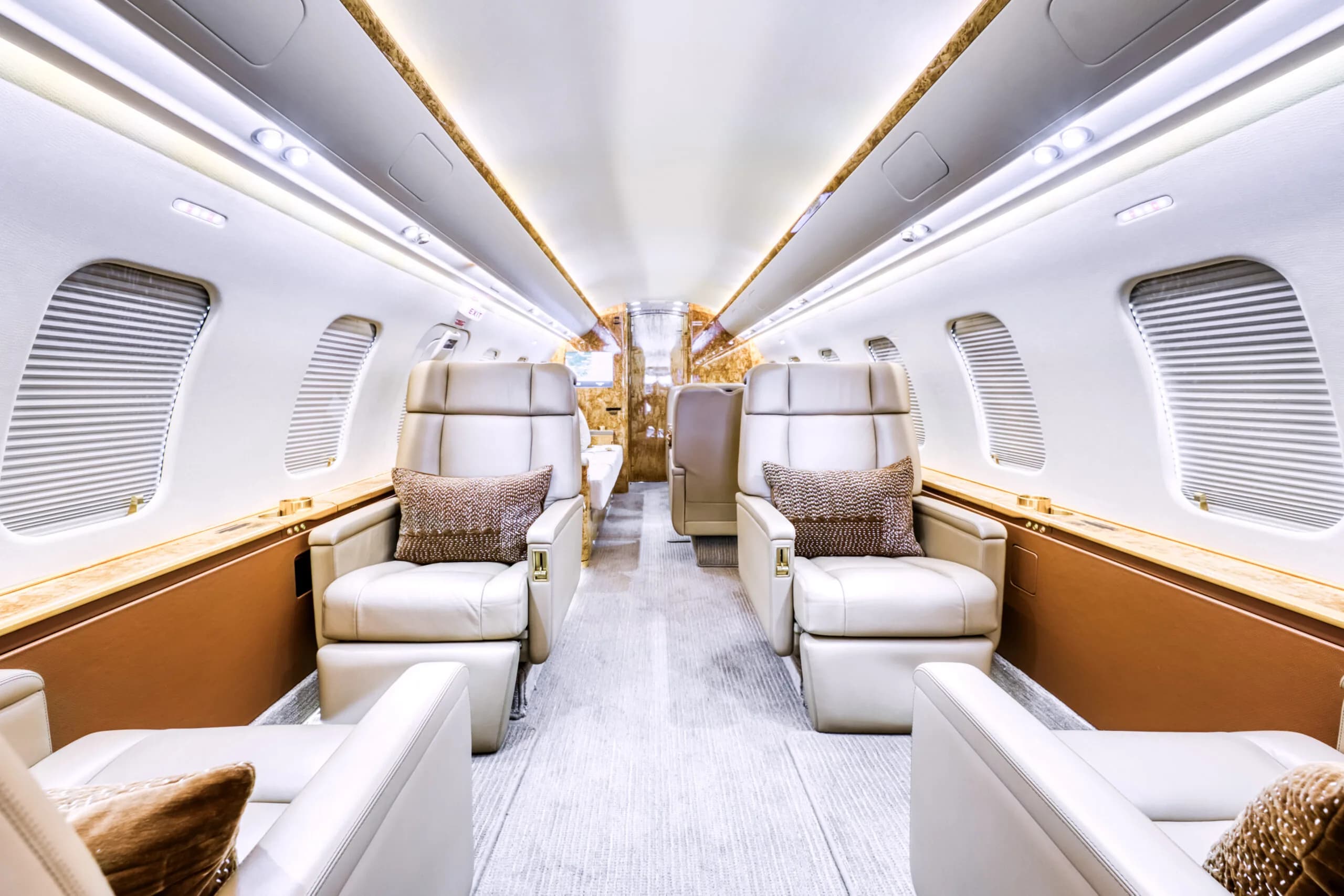 A wide view of the aircraft cabin interior with facing light-colored leather seats and patterned pillows.