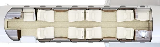 An overhead diagram showing the seating and layout of a business jet's cabin.