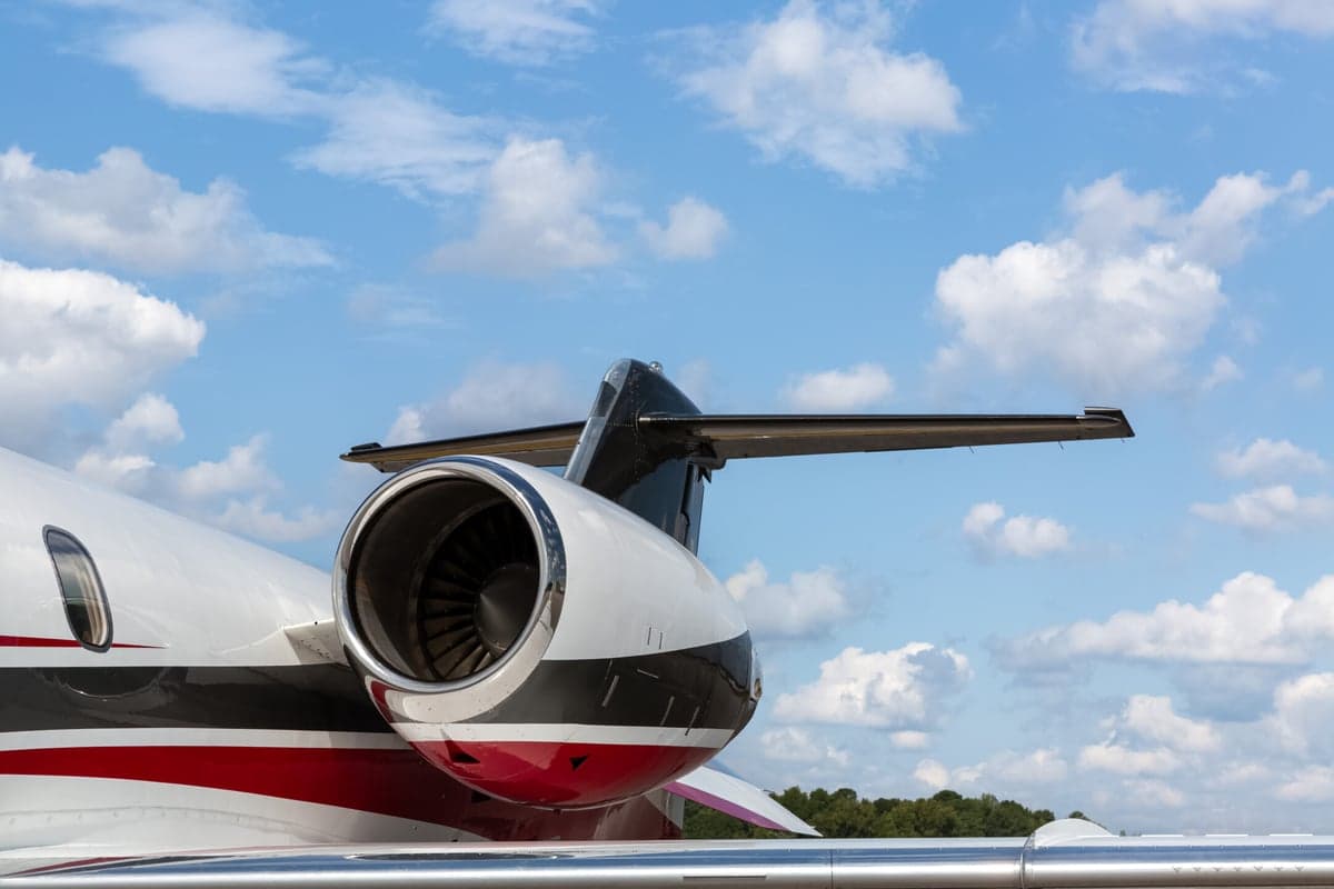 Close up of the engine and tail on a Learjet 45XR aircraft.