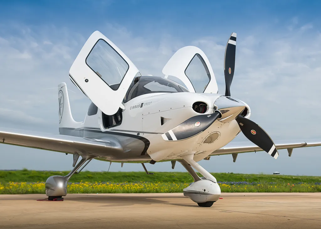 A white and silver Cirrus SR22T aircraft with its gull-wing doors open, parked on a tarmac with a grassy field and blue sky in the background.