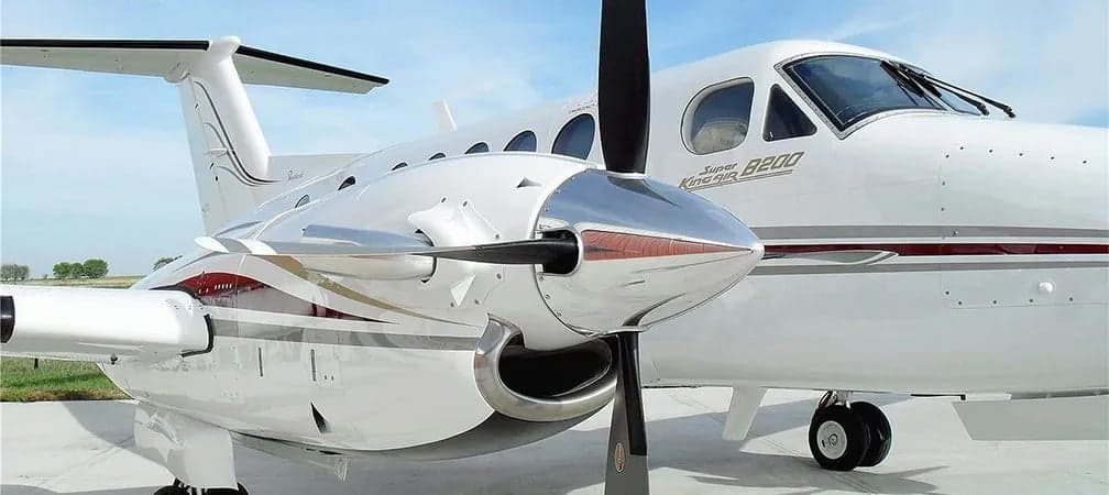 Close-up of the propeller and nose of a Beechcraft King Air B200.