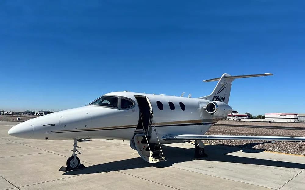 A white business jet with gold and black stripes, registration N390DP, parked on an airfield with its main door open.