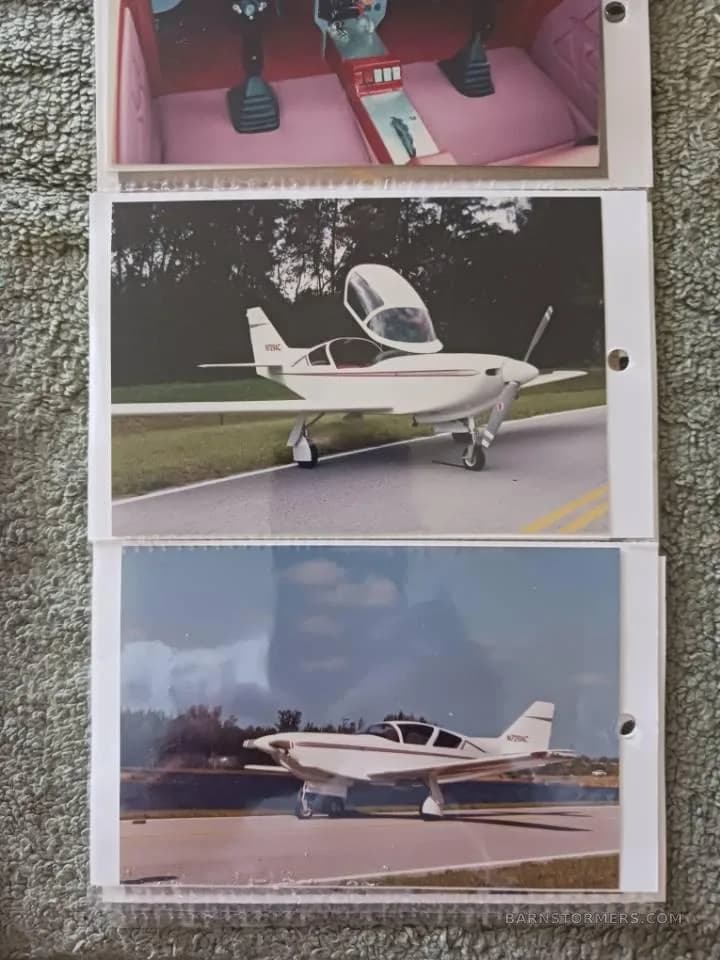 Multiple photos of a white single-engine aircraft N729AC, including exterior views on an asphalt surface and a cockpit interior.