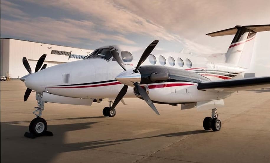 Front quarter view of a King Air aircraft on the tarmac.