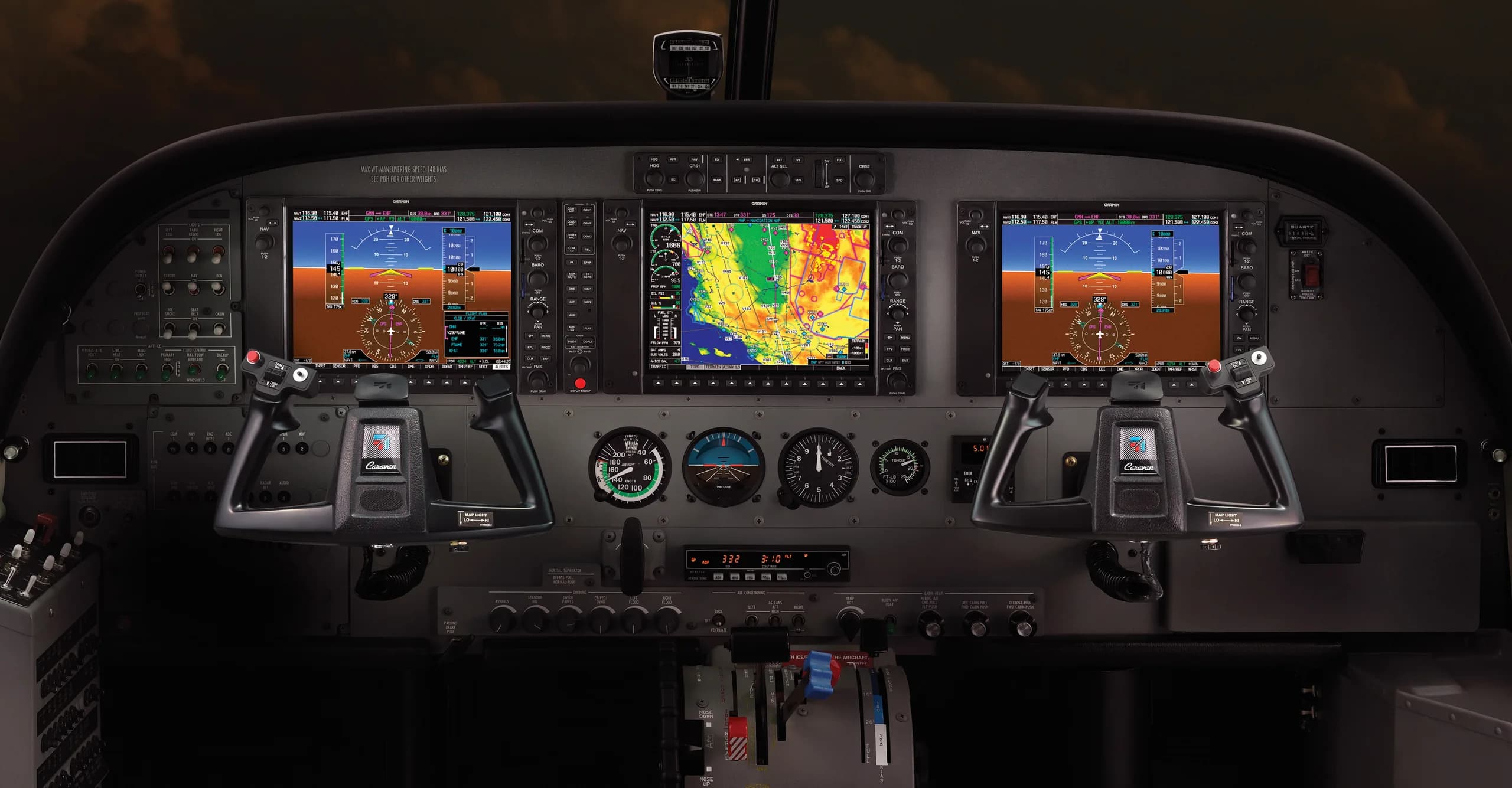 The instrument panel of a Cessna Caravan with Garmin avionics.