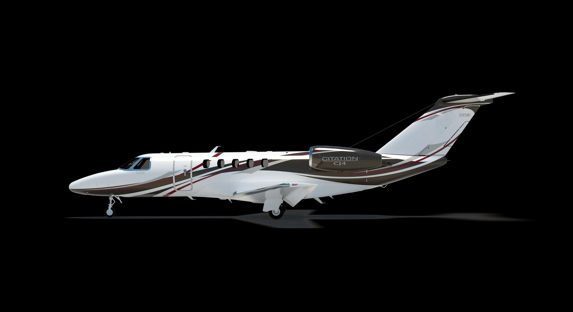 A side view of a white and dark-striped Cessna Citation CJ4 business jet against a black background.