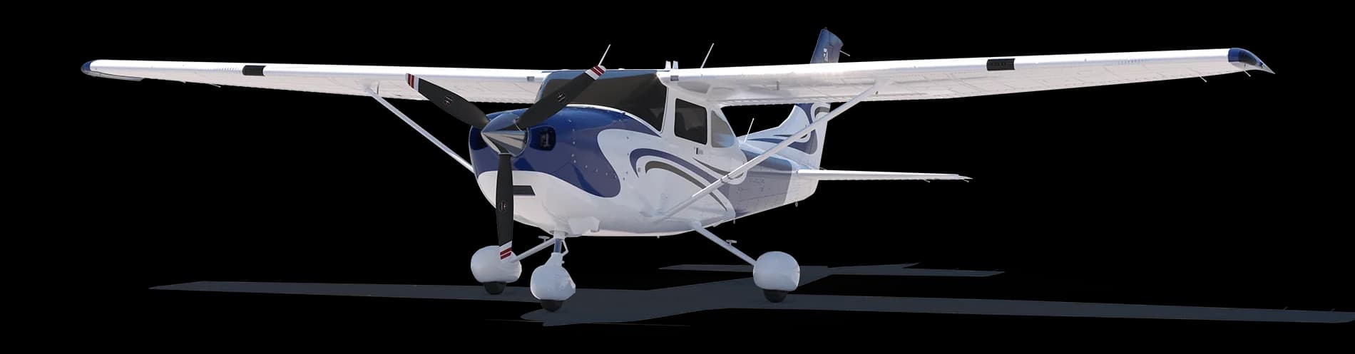 A white and blue Cessna Skylane on a black background.