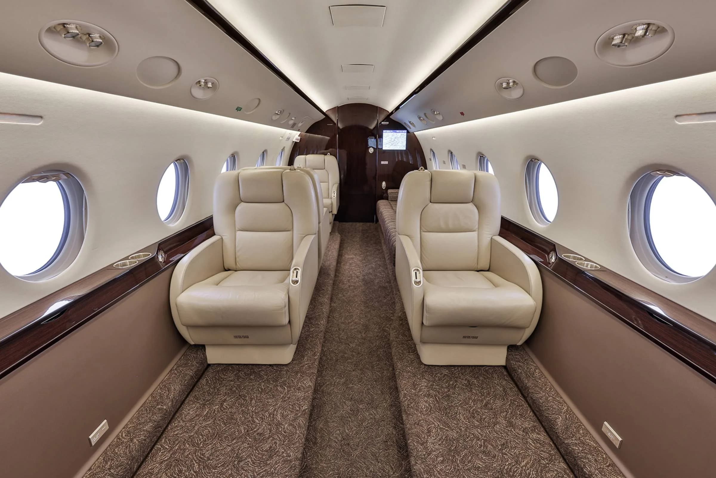 View of the aircraft cabin with leather seats and carpeted floor.