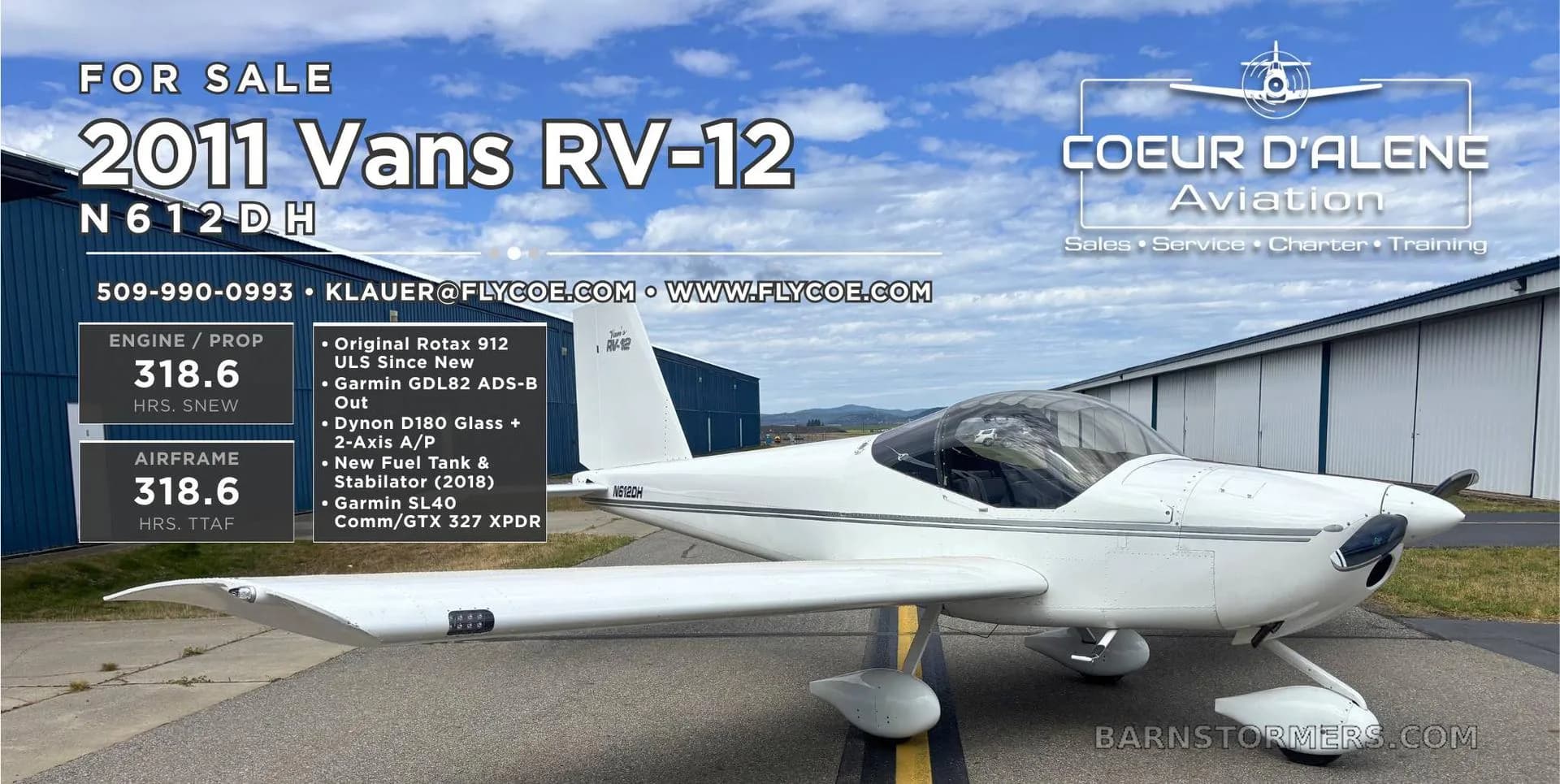 A white Vans RV-12 aircraft (N612DH) is parked on an airfield with a hangar in the background, featuring listing details overlaid.