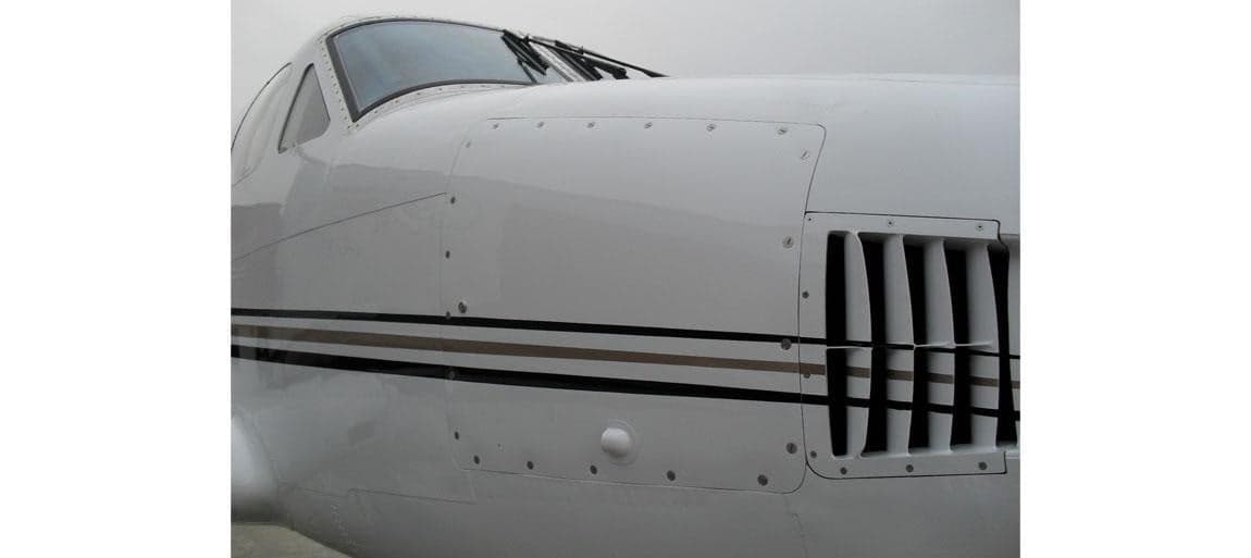 Close up of the nose of a Beechcraft King Air.
